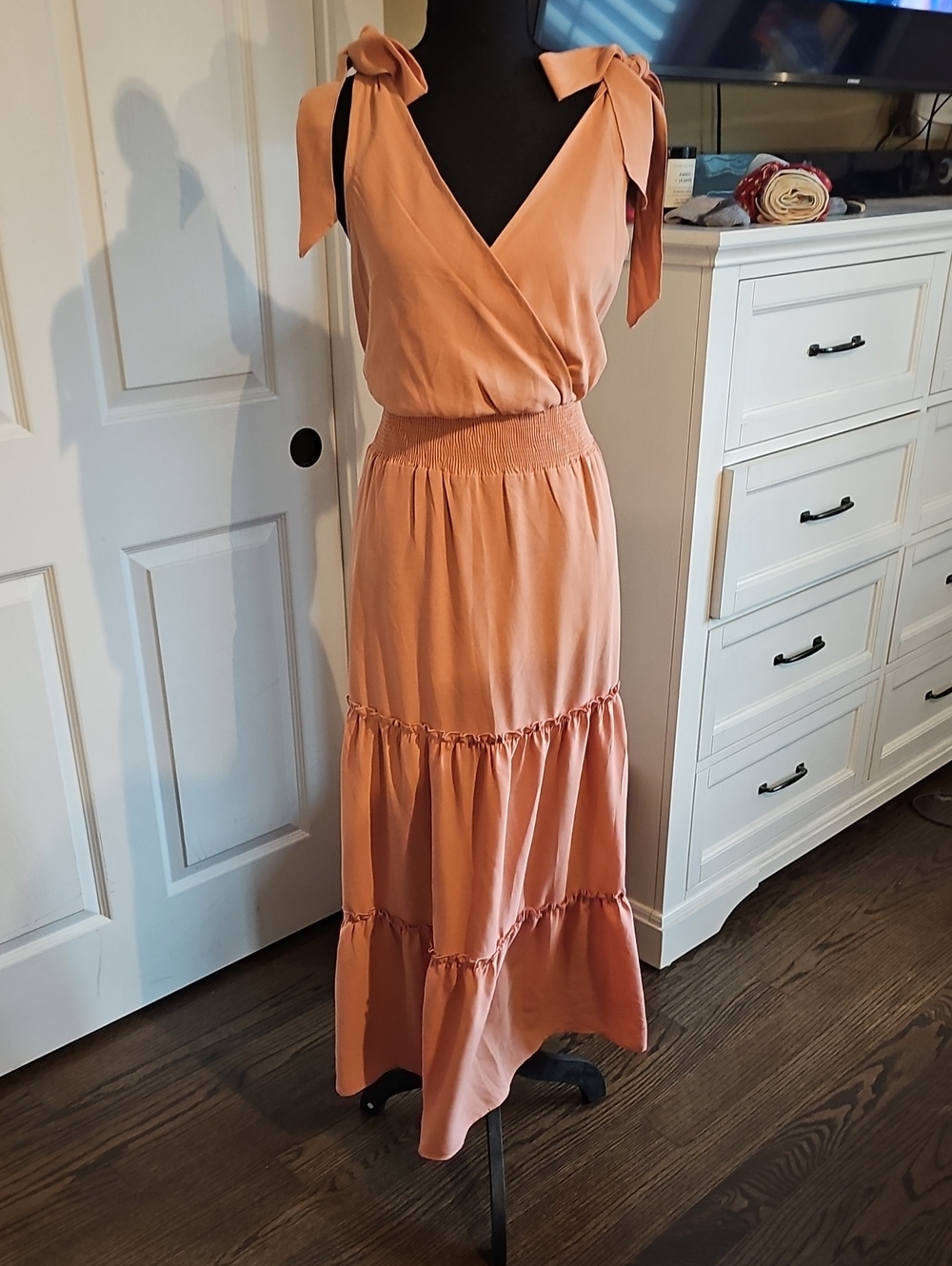 Tiered Tie-Shoulder Maxi Dress in Peach